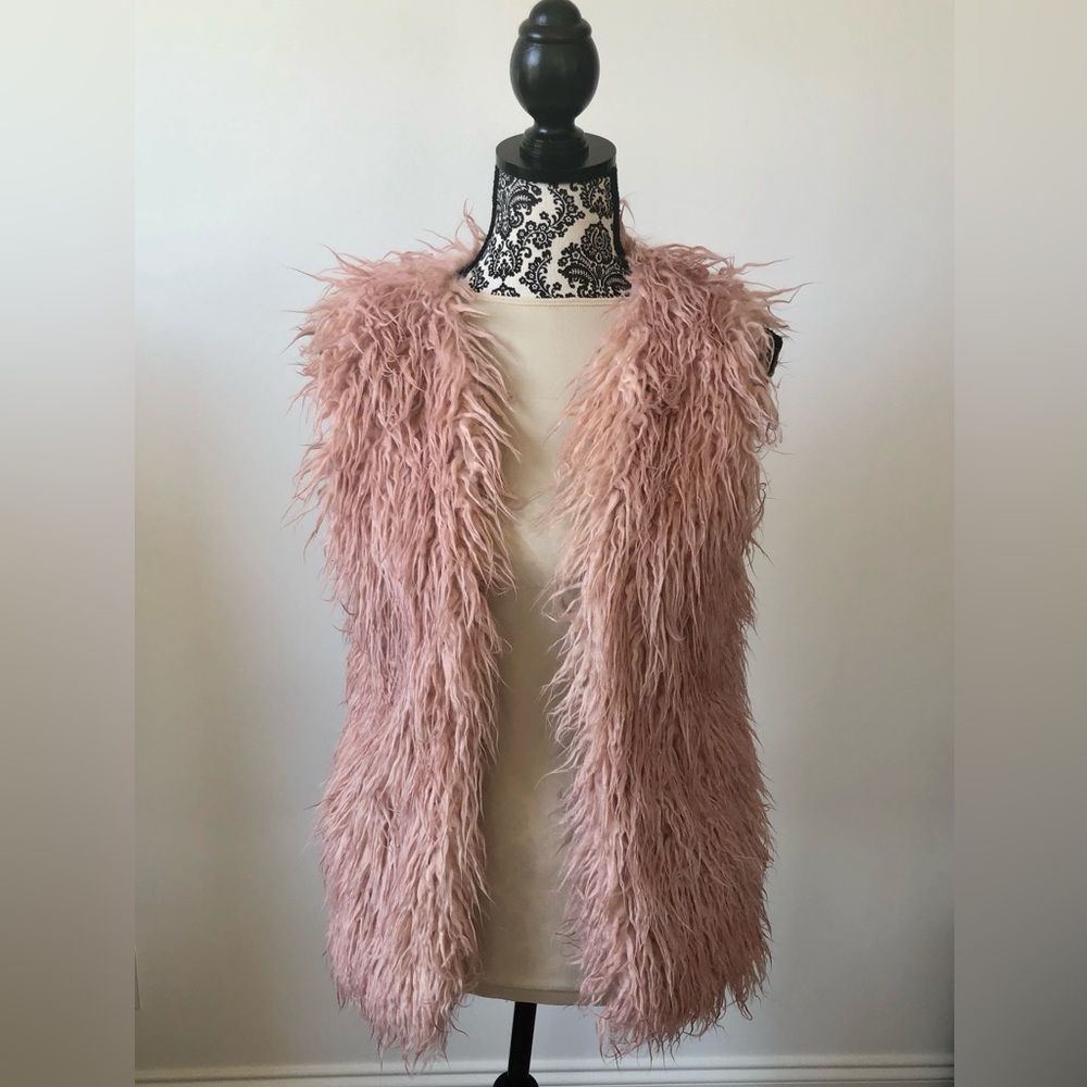 Hydraulic Vest Y2K long Sherpa faux fur Satin lining pockets in & out sz Jr S